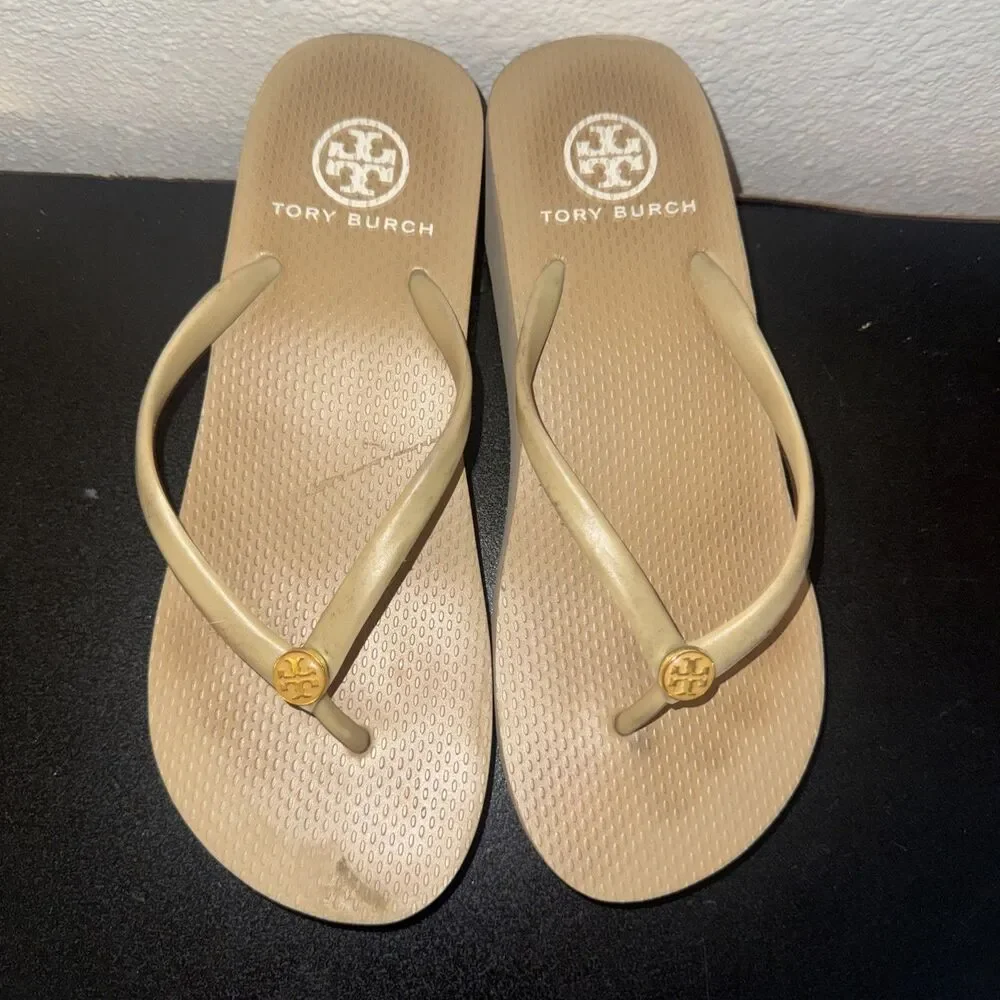 Tory Burch Logo Platform Wedge Flip Flop Sandals Women 7.5 Beige Thong Beach